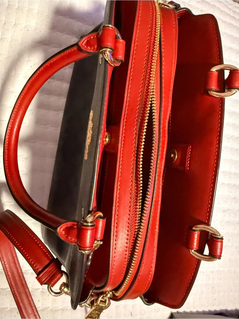 Coach Black Signature Satchel with Red Handles and Strap